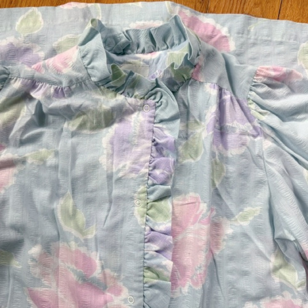 Vintage Lounge Master blue and pink ruffled housecoat mumu nightgown size L